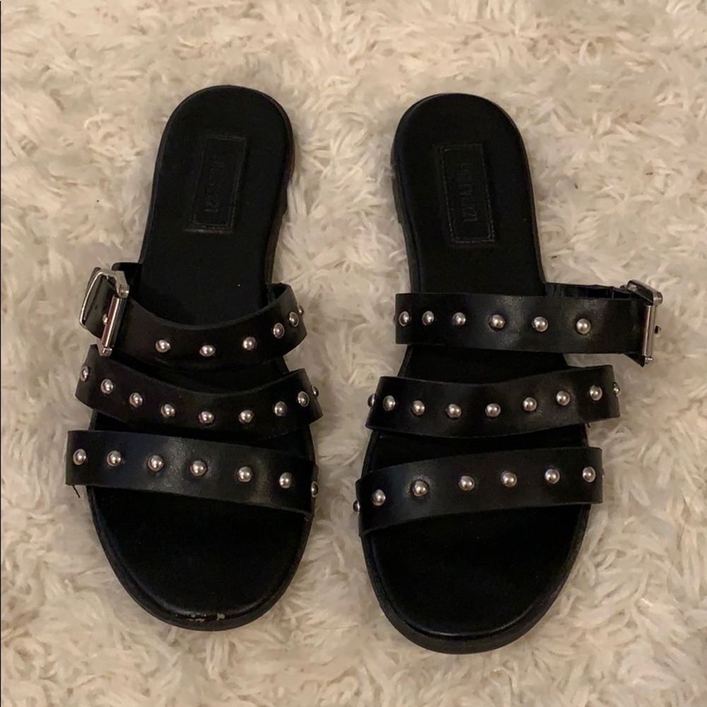 Black and silver slip on sandals